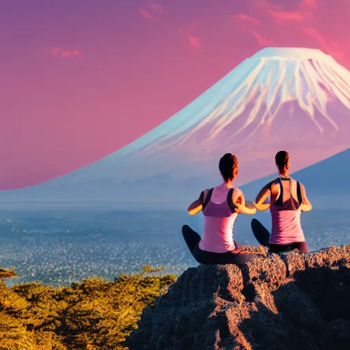 Prompt: two people doing yoga, on a ledge overlooking Mount Fuji - light pink coloring, 8k render octane,