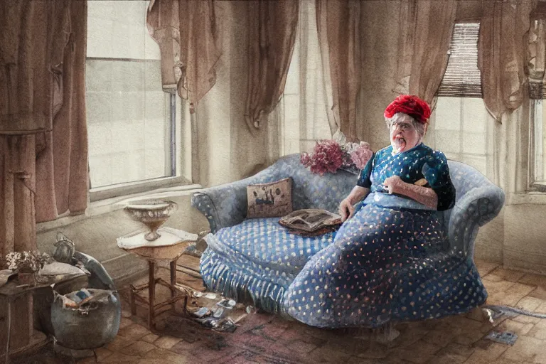 Prompt: charming and chubby old lady, wearing a polka dot cloths and a victorian - style hairdo, lye on the fancy sofa, in the large and bright studio. sunlight enters through the barred window. delicate watercolor and pencil on canvas. beautiful lighting, 4 k post - processing, highly detailed, 5 k extremely detailed, 3 d. cinematic scene.