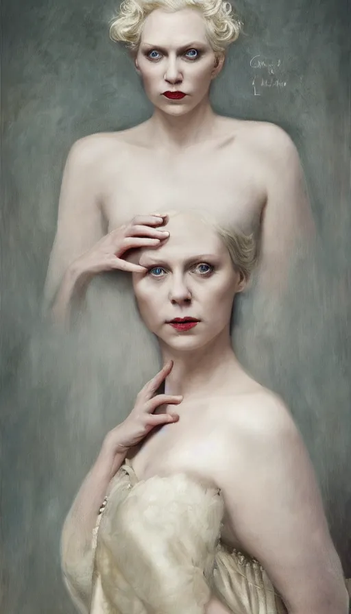 Prompt: exquisite oil painting on canvas of gwendoline christie portraying lucifer, woman's portrait, gorgeous face, goldilocks, porcelain looking skin, piercing stare, unique and intricate painting, stunning ivory dress, elegant, majestic, 4 k, ultra high quality, canon, hyperrealist, by annie leibovitz