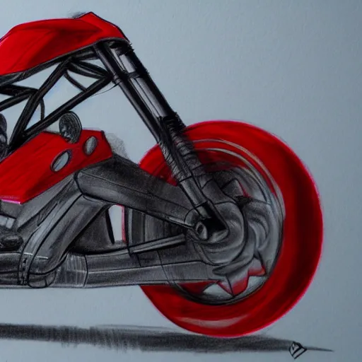 Image similar to drawing of next Gen prototype concept innovative award winning red motorcycle, Japanese engineering, blade runner style, 3d, photorealism