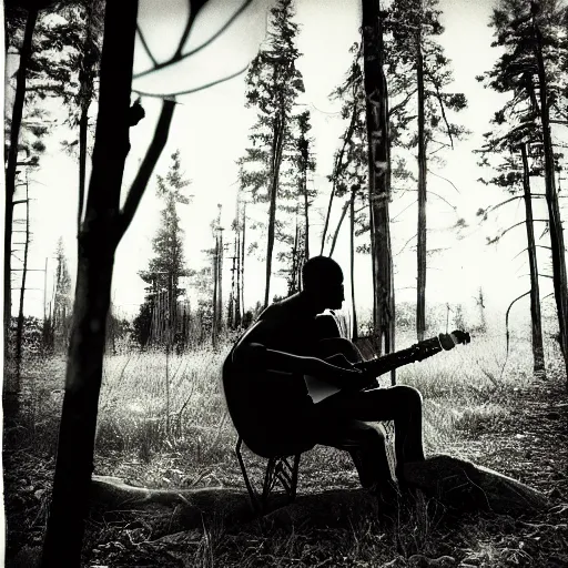 Prompt: double exposure black man, guitar and nature, by Christoffer Relander