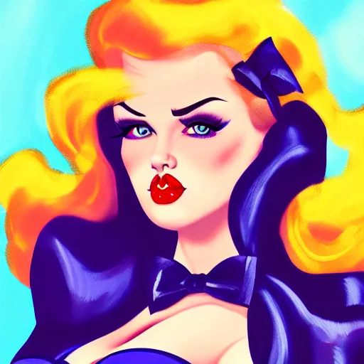 Prompt: rockabilly curvy woman, long blond hair, hair bow, blue eyes, wholesome, country, southern, digital art, cinematic, concept art, 8k, painting, trending on artstation, wide shot, full shot