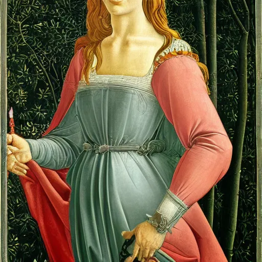 Prompt: portrait of tyrannosaurus as italian queen, painting by botticelli