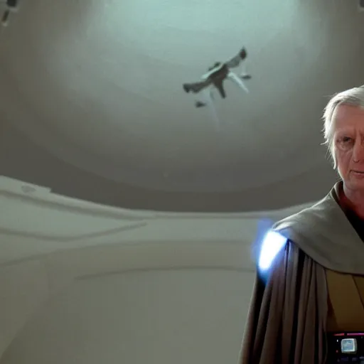 Image similar to brent spiner as a jedi master cinematic scene, wide angle, full body, 3 5 mm