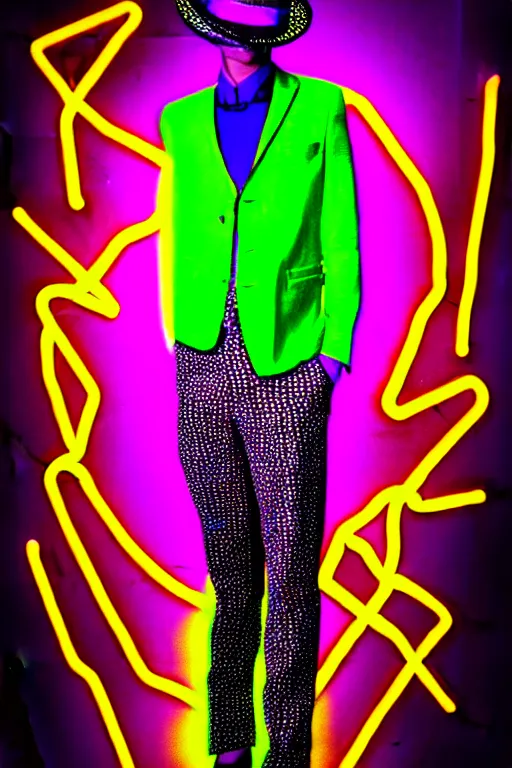 Prompt: psychedelic fashion business suit surrealist 1 9 2 0 s visionary blacklight neon pattern textile business suit uniform fashion shoot