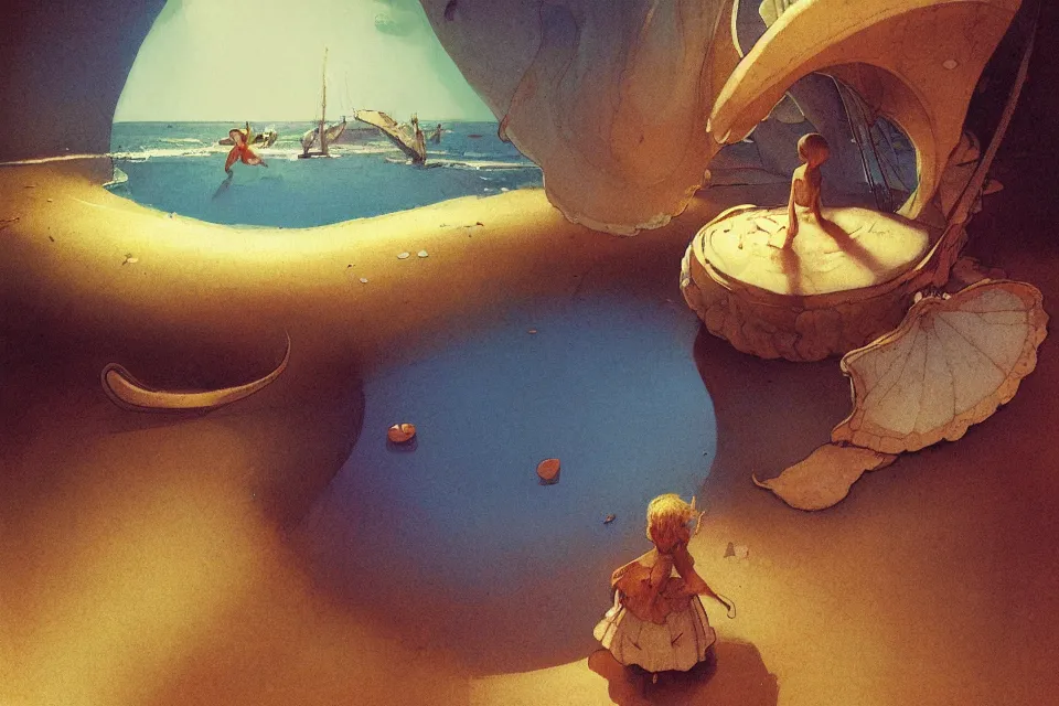 Image similar to atmospheric painting of a giant seashell where a young girl lives, by moebius and john harris, atmospheric blues, concept art, saturation 40