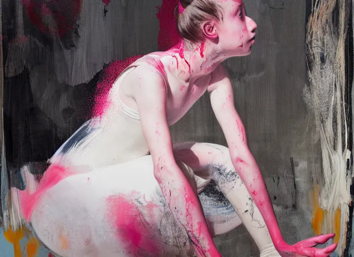 Image similar to portrait of nervous young girl ballerina sitting on the floor focusing in a dance hall by alberto seveso and hernan bas and francis bacon and pat steir and hilma af klint, psychological, photorealistic, symmetrical face, dripping paint, washy brush, matte painting, rendered in octane, altermodern, masterpiece