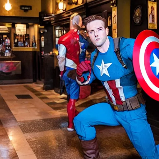 Image similar to captain america fighting the general public inside a wetherspoons pub