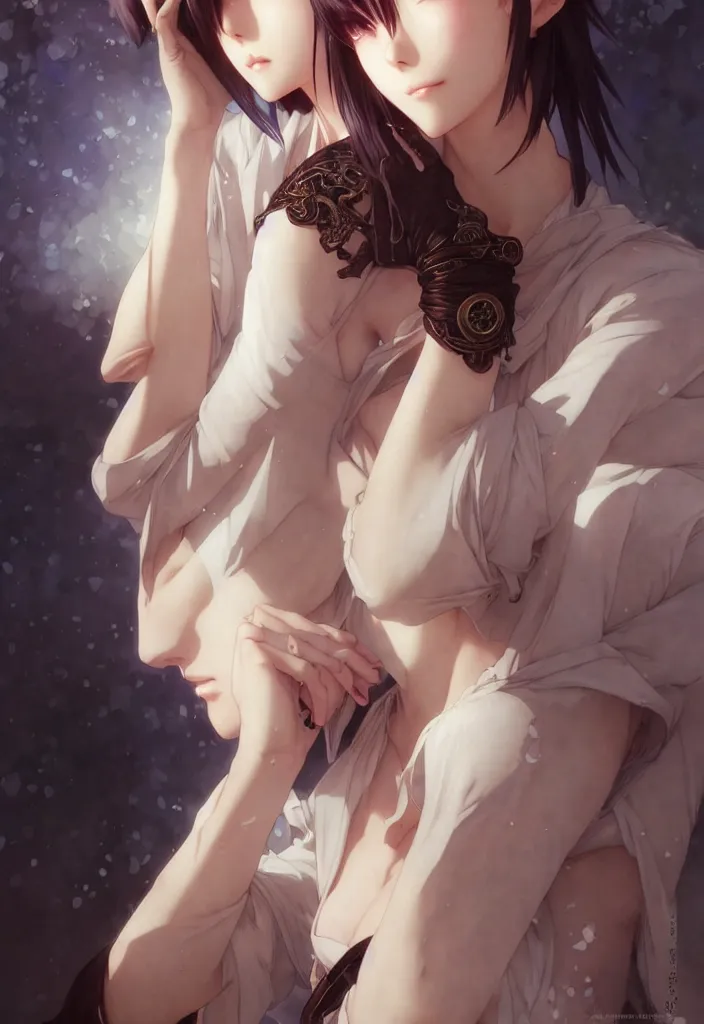 Prompt: beautiful anime female with short hair, fashion model body, in downtown Tokyo, D&D, fantasy, intricate, elegant, highly detailed, digital painting, artstation, concept art, smooth, sharp focus, illustration, art by artgerm and KyuYong Eom and WLOP and Krenz Cushart and greg rutkowski and alphonse mucha