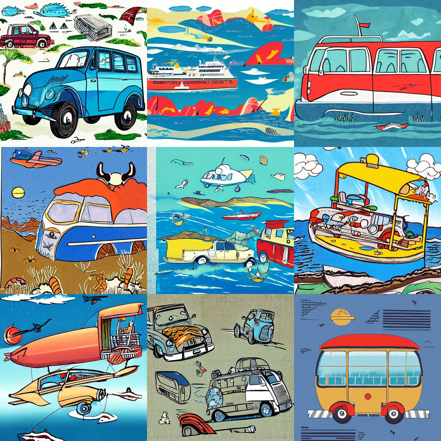 Prompt: illustration, all in one land sea air transpot vehicle