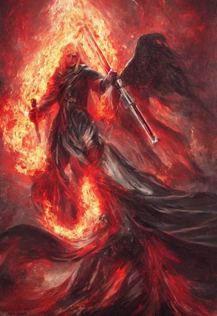 Prompt: an angel with red eyes and a flaming sword standing in heavy rain while doing a heroic pose, oil on canvas, realistic, concept art, fantasy, 8 k, digital art.