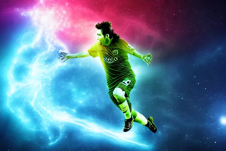 Image similar to a cosmic bioluminescent lionel messi jumping through a space nebula leaving stardust trails behind him, digital art, photorealistic