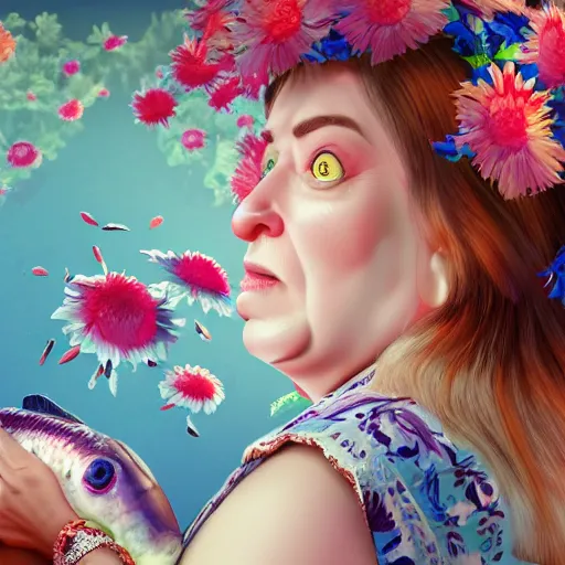 Prompt: of a very beautiful scene. ambient occlusion render. a sweet fat old woman is giving a birth to a huge colorful fish. flowery dress. mirror. symmetrical face, red mouth, blue eyes. deep focus, lovely scene. ambient occlusion render. concept art. unreal engine.