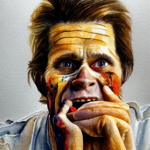 Prompt: portrait of a willem dafoe eating big mac, hamburgers everywhere, with aquarelle painted skin. close up, very dark brown hair, light eyes, intricate dark flowers pattern background, high detail, by Eddie Mendoza