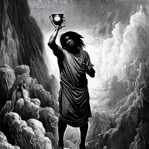 Image similar to cheef keef ascending into heaven holding cup of lean, biblical image, style of gustave dore, highly detailed, beautiful, high contrast, black and white