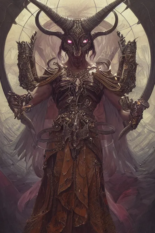 Prompt: ultra realistic illustration, baphomet from diablo and baldurs gate, intricate, elegant, highly detailed, digital painting, artstation, concept art, smooth, sharp focus, illustration, art by artgerm and greg rutkowski and alphonse mucha