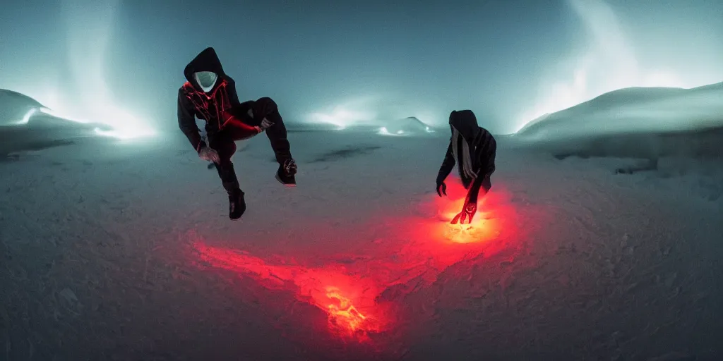 Image similar to fisheye slow motion with trail fire effect of futuristic break dancer wearing long dark cloak and skeleton head emitting fire, long exposure shot , enigmatic, at night in the middle of the arctic with red light A letter, paddle of water, steam, fog, water splashes, rim lights, glossy reflections, water droplets on lens, octane render, Volumetric dynamic lighting, stunning cover magazine, high details, hajime sorayama