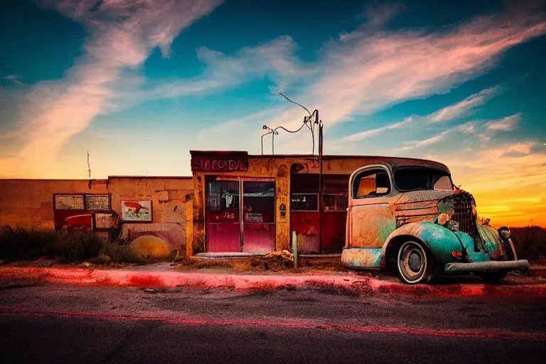 Image similar to a sunset light landscape with historical route 6 6, lots of sparkling details and sun ray ’ s, blinding backlight, smoke, volumetric lighting, colorful, octane, 3 5 mm, abandoned gas station, old rusty pickup - truck, beautiful epic colored reflections, very colorful heavenly, softlight