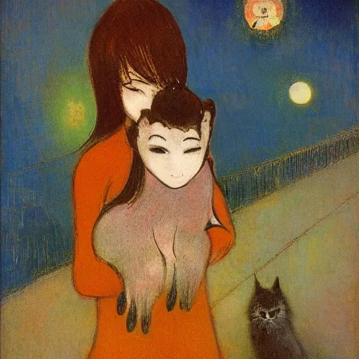 Image similar to manga spider with girl face and her cat with 8 legs wolking on street by odilon redon