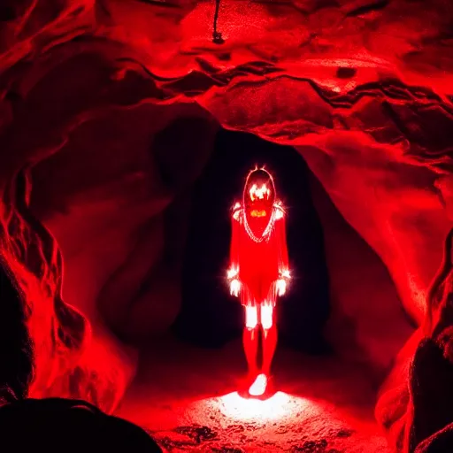 Prompt: style of Henry Peach Robinson and Charlie Bowman, The interior of an cave lit in red, symmetrical detailed woman Stella Maeve who is screaming scared face, symmetrical eyes symmetrical face, blue neon light coming from the back of the cavern, mysterious atmosphere