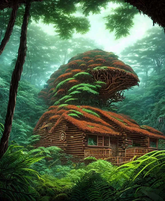 Prompt: an enormous cabin exterior, overgrown with exotic fungus, overgrown with huge ferns, cliff side, noon, sun drenched, partly cloudy, by dan mumford, yusuke murata, makoto shinkai, ross tran, cinematic, unreal engine, cel shaded, featured on artstation, pixiv
