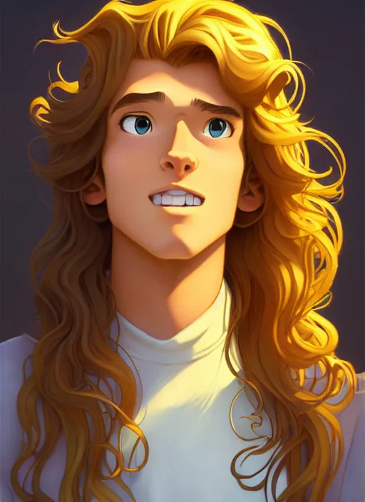 Image similar to young man with long, curly, golden hair, aquamarine eyes, natural lighting, path traced, highly detailed, high quality, cartoon, digital painting, by don bluth and ross tran and studio ghibli and alphonse mucha