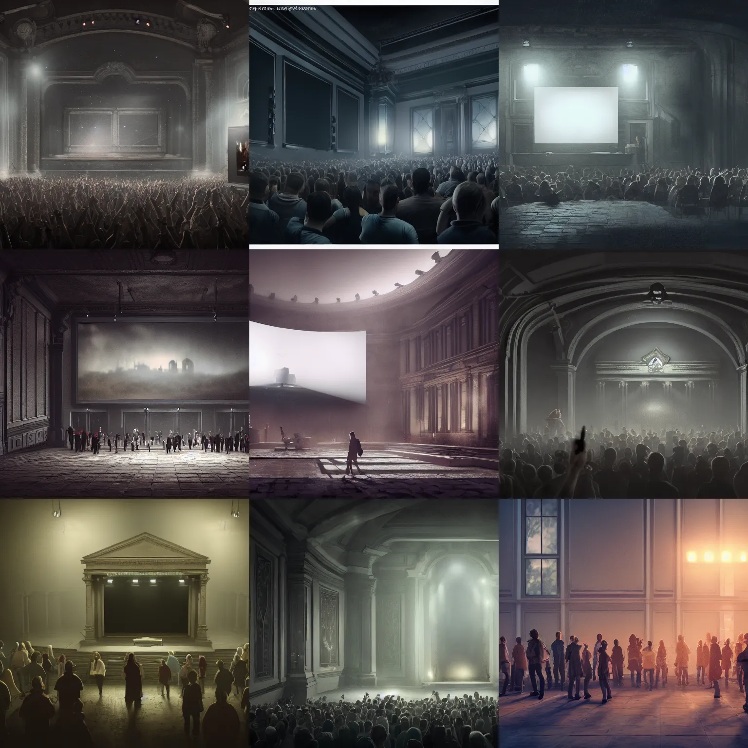 Prompt: digital concept art of a very small!!! dark classical show venue with a large bright screen in front of twenty people, grey, realistic, octane render, high detail, environment, sharp focus, artstation