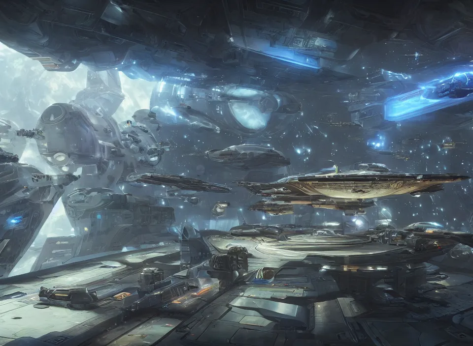 Prompt: the inside of a futuristic dieselpunk space dock, parked spaceships, holographic screen in center frame by peter mohrbacher and craig mullins, star citizen, firefly, unreal engine 5, extreme detail, hyper realism, realistic shading, cinematic composition, realistic render, octane render, detailed textures, photorealistic, colorful, raytracing