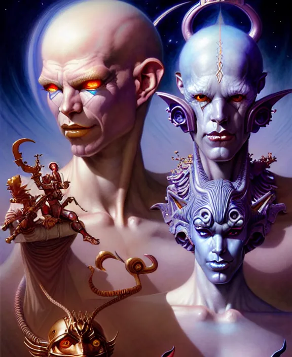 Image similar to beautiful gemini good and evil fantasy character portrait, ultra realistic, wide angle, intricate details, the fifth element artifacts, highly detailed by peter mohrbacher, hajime sorayama, wayne barlowe, boris vallejo, aaron horkey, gaston bussiere, craig mullins