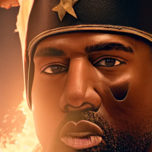 Image similar to Kanye West as Emperor Napoleon in Fallout New Vegas, splash art, movie still, cinematic lighting, dramatic, octane render, long lens, shallow depth of field, bokeh, anamorphic lens flare, 8k, hyper detailed, 35mm film grain