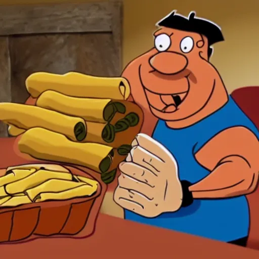 Prompt: Fred Flintstone eating tamales, animated