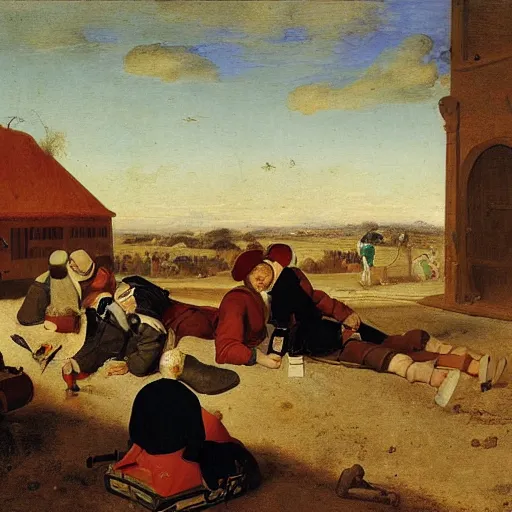 Prompt: two people with luggage are lying down and watching others, a flemish baroque by hendrick avercamp, polycount, american scene painting, dutch golden age, pre - raphaelite, matte painting