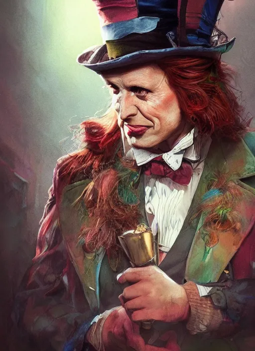 Prompt: portrait, The Mad Hatter, watercolor, dramatic lighting, cinematic, establishing shot, extremly high detail, foto realistic, cinematic lighting, post processed, concept art, artstation, matte painting, style by eddie mendoza, raphael lacoste, alex ross