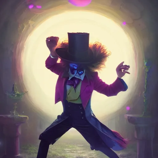 Image similar to The Mad Hatter, huggy wuggy from poppy playtime video game, fullbody, ultra high detailed, glowing lights, oil painting, Greg Rutkowski, Charlie Bowater, Beeple, unreal 5, DAZ, hyperrealistic, octane render, RPG portrait, dynamic lighting, fantasy art, beautiful face