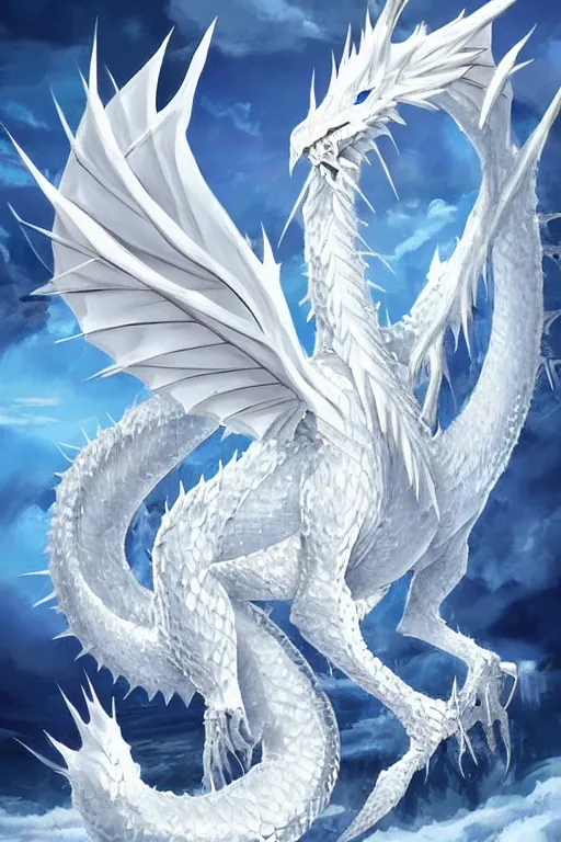 Prompt: a large, white ice dragon. it has a long neck, and its body is covered in spikes and scales. its wings are enormous, and it has a long spiky tail. it has a regal appearance, breathing frost, trending on pixiv, by kawacy, digital art, cool lighting, comic, cartoon