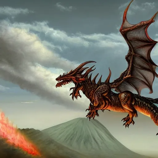 Prompt: a molton dragon over a volcano, artstation hall of fame gallery, editors choice, #1 digital painting of all time, most beautiful image ever created, emotionally evocative, greatest art ever made, lifetime achievement magnum opus masterpiece, the most amazing breathtaking image with the deepest message ever painted, a thing of beauty beyond imagination or words