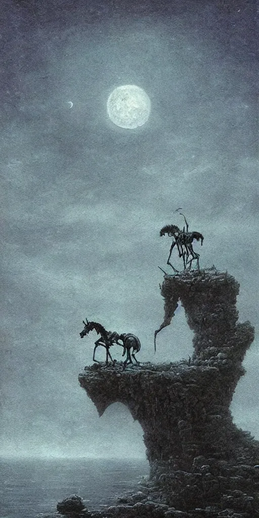 Image similar to a skeleton unicorn falls off a cliff and into the ocean under the moonlight, beksinski, dariusz zawadzki, surreal, ethereal