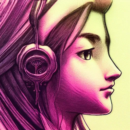 Image similar to daydreaming Aerith Gainsborough close-up portrait looking straight on, complex artistic color ink pen sketch illustration, full detail, gentle shadowing, fully immersive reflections and particle effects, chromatic aberration, statue.