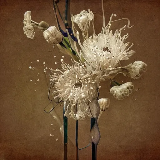 Image similar to The computer art is a beautiful and haunting work of art of a series of images that capture the delicate beauty of a flower in the process of decaying. The colors are muted and the overall effect is one of great sadness. knitting patterns by Craola meticulous