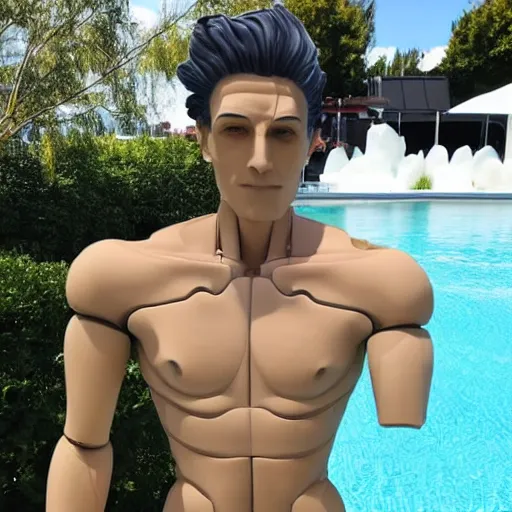 Prompt: twitch streamer / gamer ludwig, ice statue, blank stare, a realistic detailed photo of a guy who is an attractive humanoid who is half robot and half humanoid, by the pool, posing like a statue, showing off his muscles, made of ice, shiny skin, on display, who is a male android, humanoid robot