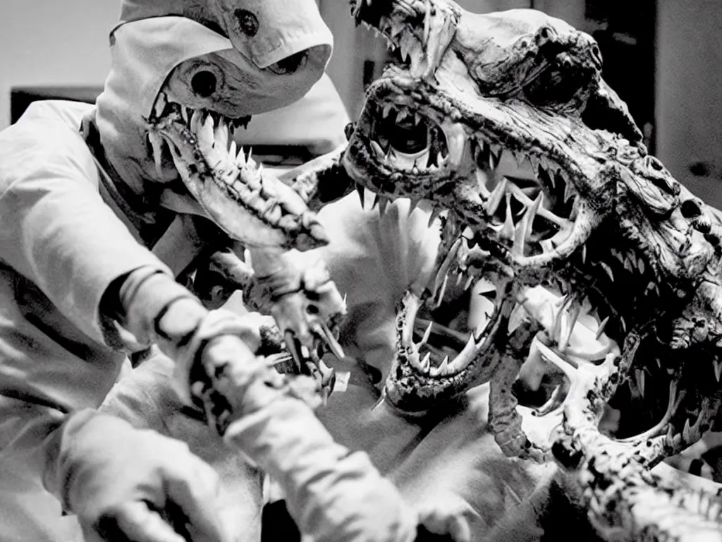 Image similar to movie still b - grade horror film budget production dentist wearing a facemask drilling the teeth of a very scary dangerous biomechanical crocodile creature made of bone, bulging wide eyes, wes craven stanley kubrick david cronenberg george a romero guillermo del toro sharp focus