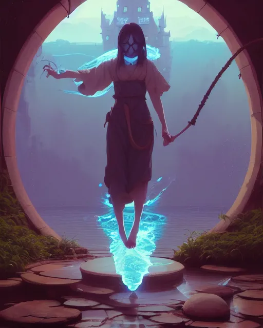 Image similar to highly detailed vfx portrait of a mage casting a water spell, unreal engine, greg rutkowski, loish, rhads, beeple, makoto shinkai and lois van baarle, ilya kuvshinov, rossdraws, tom bagshaw, alphonse mucha, global illumination, detailed and intricate environment