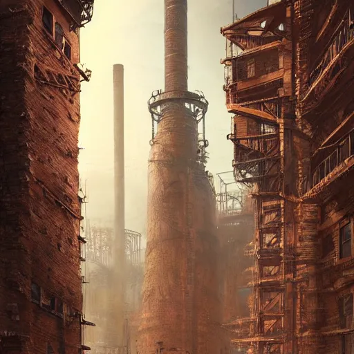 Image similar to highly detailed concept art of monumental chimney of the huge steelworks in the steampunk city center trending on Artstation by Daniel Dociu and Greg Rutkowski, high quality, dieselpunk, architecture, frostpunk, pollution and smoke, rusty