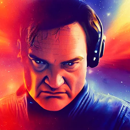 Image similar to hyperrealistic film still of quentin tarantino in space, stunning 3 d render, inspired by istvan sandorfi & greg rutkowski & unreal engine, perfect symmetry, dim volumetric cinematic lighting, 8 k octane comprehensive render, extremely hyper - detailed, incredibly lifelike attributes, intricate, real flesh texture, masterpiece, artstation, stunning,