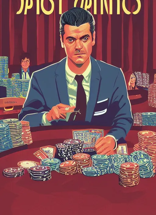 Prompt: Twin Peaks art, of Oscar Isaac in The Card Counter visiting the casino in Twin Peaks poster artwork by Tomer Hanuka, Sam Weber, Laurent Durieux, Katherine Lam from scene from Twin Peaks, from scene from Twin Peaks, clean, New Yorker magazine cover