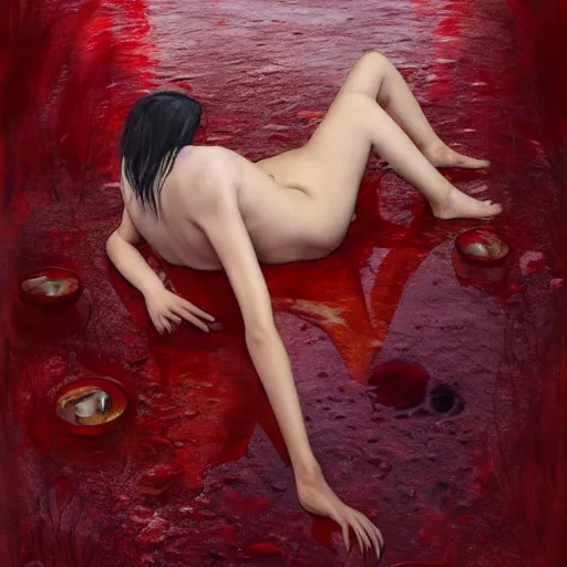 Image similar to Kiko Mizuhara full body laying in a blood red pool of water between a golden mirror frame, outside is space and inside the mirror frame is a beautiful landscape., physically accurate, dynamic lighting, intricate, elegant, highly detailed, digital painting, artstation, HR GIGER, very very Roberto Ferri, Hieronymus Bosch, Francis Bacon, concept art, smooth, sharp focus, illustration, art by artgerm and greg rutkowski and alphonse mucha