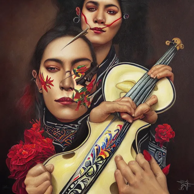 Image similar to portrait of a mexican mariachi musician, art by tom bagshaw and manuel sanjulian and diego rivera