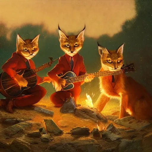 Image similar to three cute caracals wearing red ties with guitar, campfire, night, atmospheric lighting, intricate, volumetric lighting, digital art, highly detailed by gaston bussiere, craig mullins, j. c. leyendecker 8 k