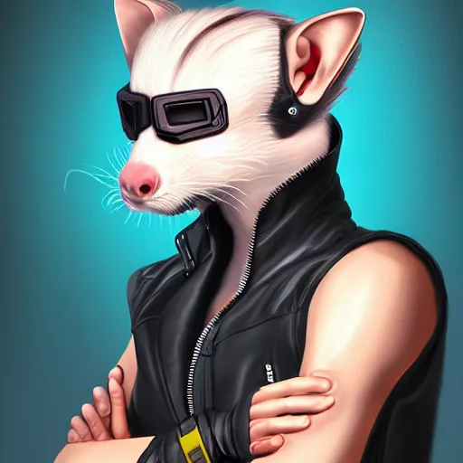 Prompt: cyberpunk anthropomorphic ferret with mohawk, wearing leather jacket, medium shot portrait, digital painting, trending on ArtStation