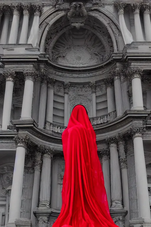 Image similar to the unknown maiden partially covered by a red silk wrapped veil, statue made with embossed polished black marble, sculpted by hedi xandt and bernini, epic and cinematic view, volummetric light, intricate, detailed, 8 k